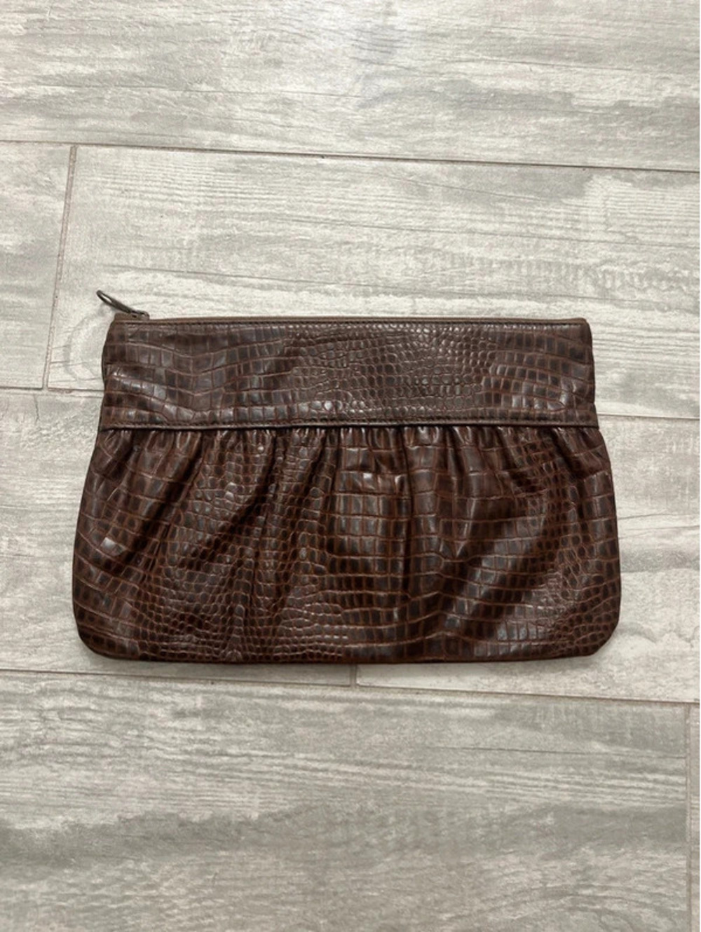 Brown Faux Leather Snakeskin Print Zipper Clutch Bag